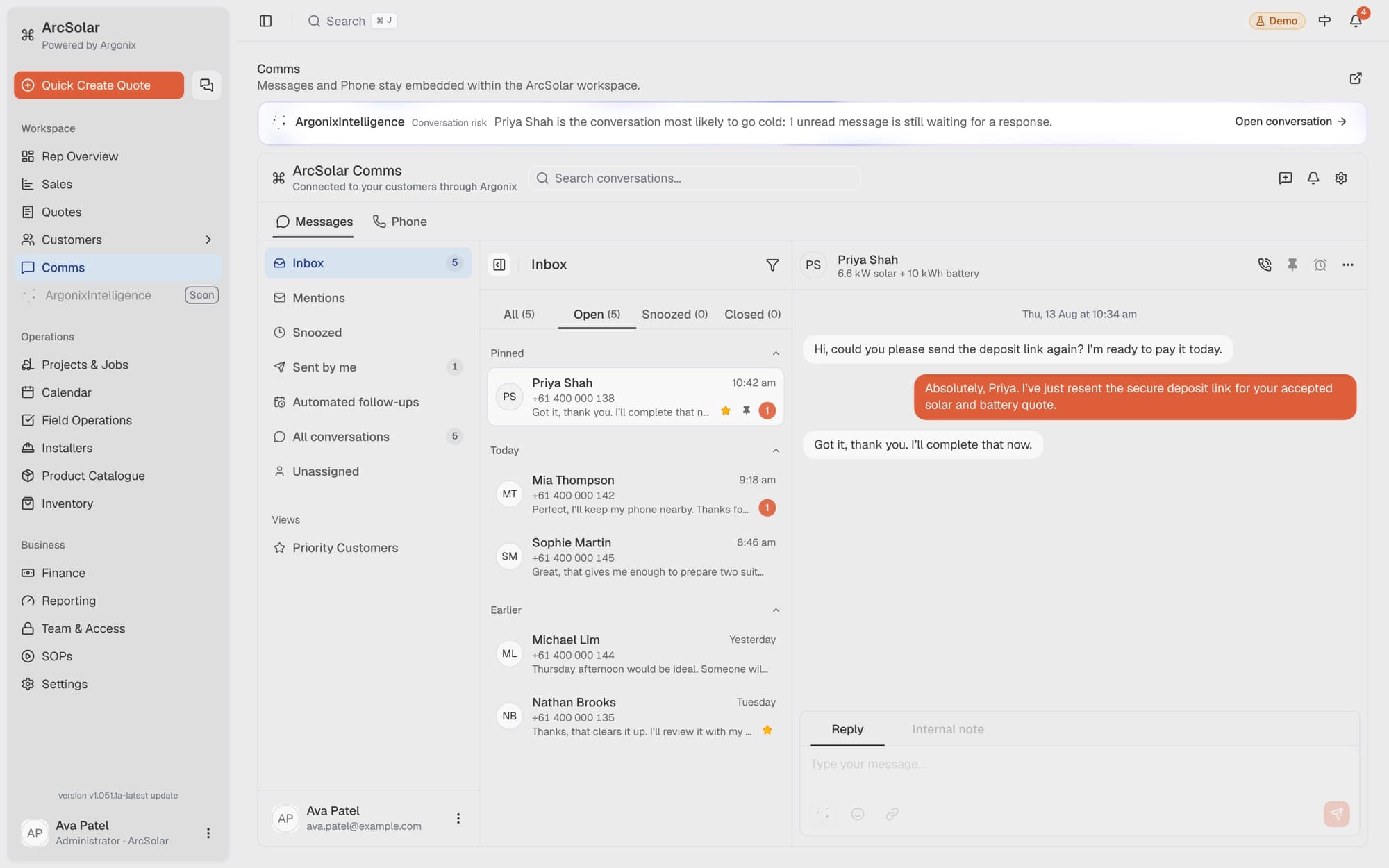 ArcSolar communications workspace showing customer messages and calling within the solar CRM