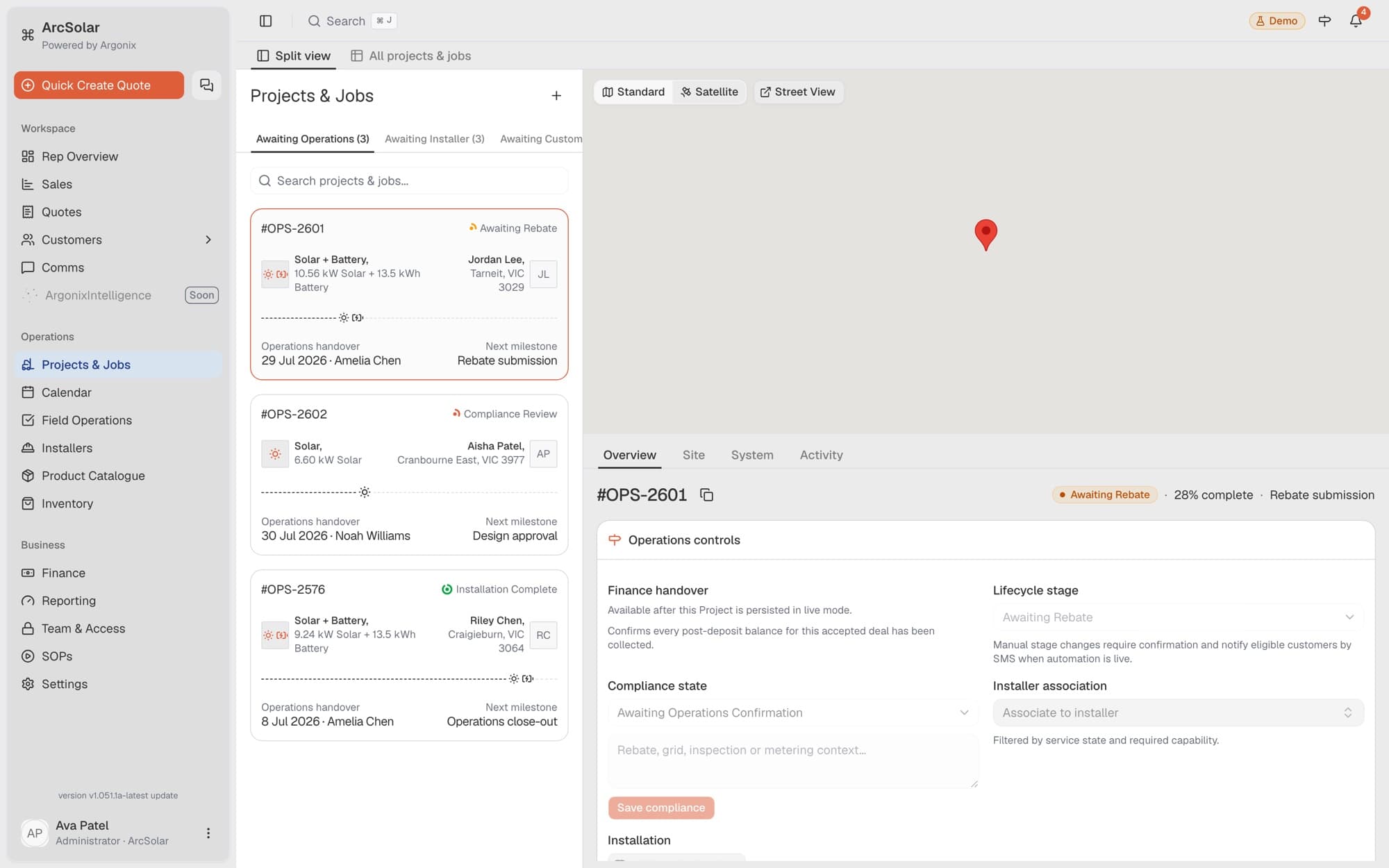 ArcSolar solar operations workspace showing projects and jobs across delivery stages