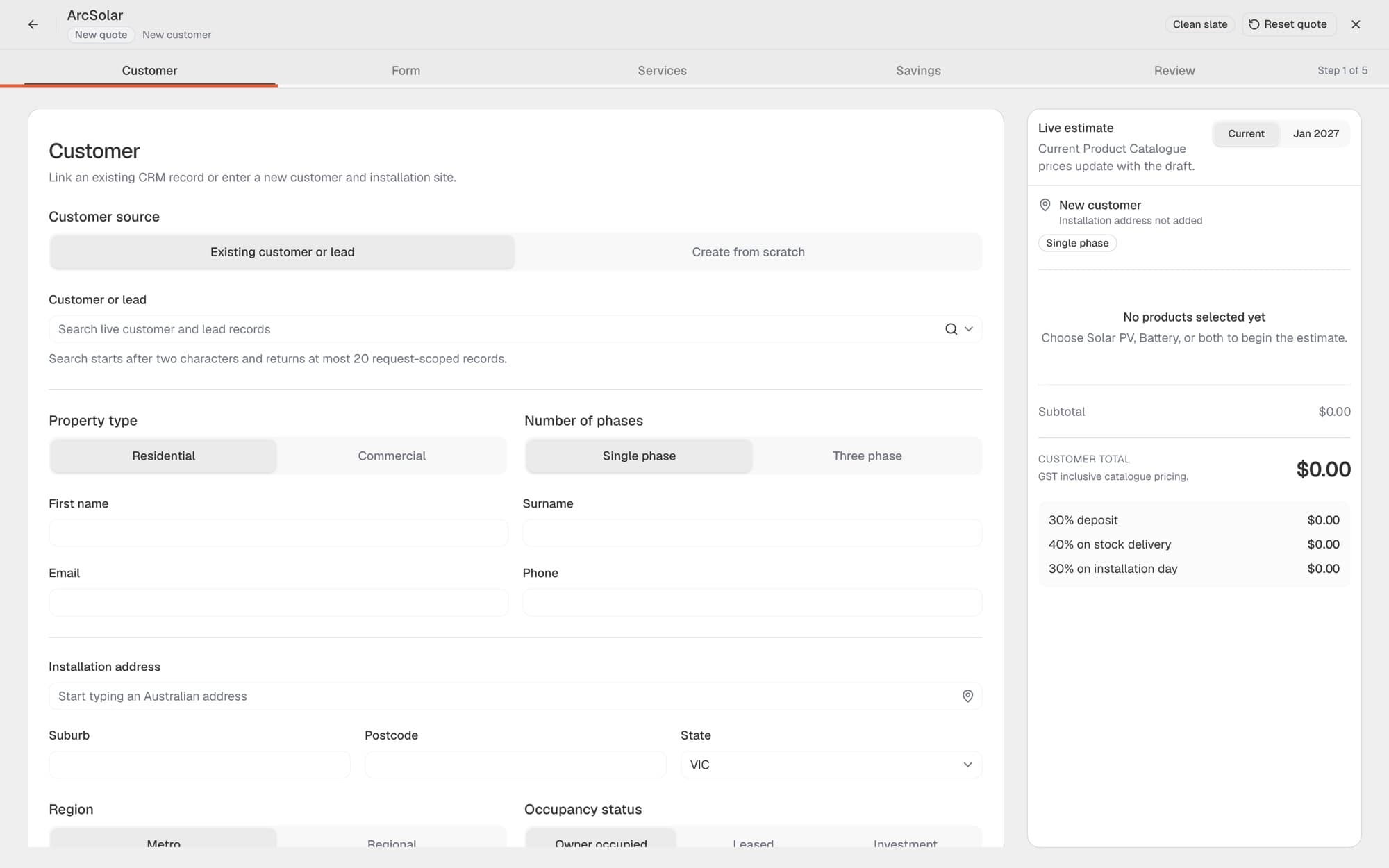 ArcSolar guided solar quote builder with customer, services, solar, savings and review steps